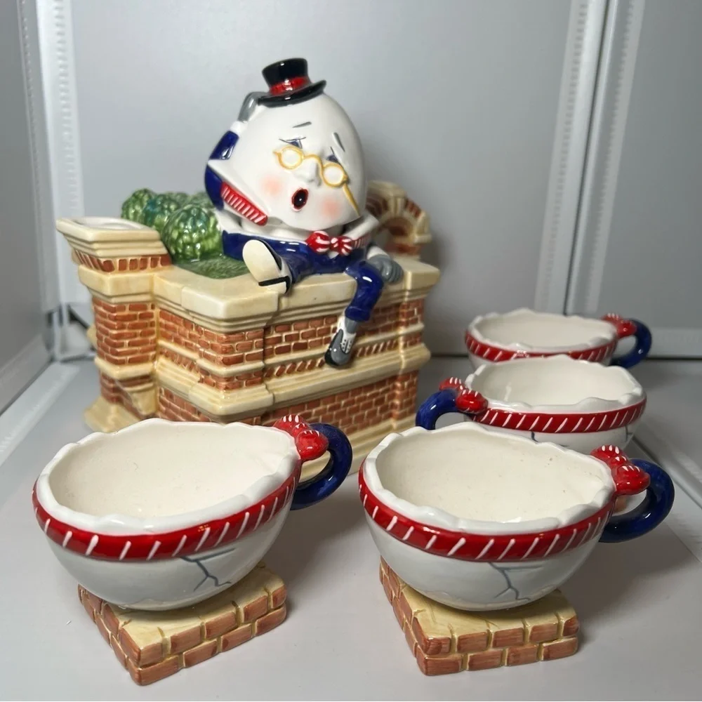 Dept. 56 Storybook “Humpty Dumpty” Handpainted Teapot & Cups